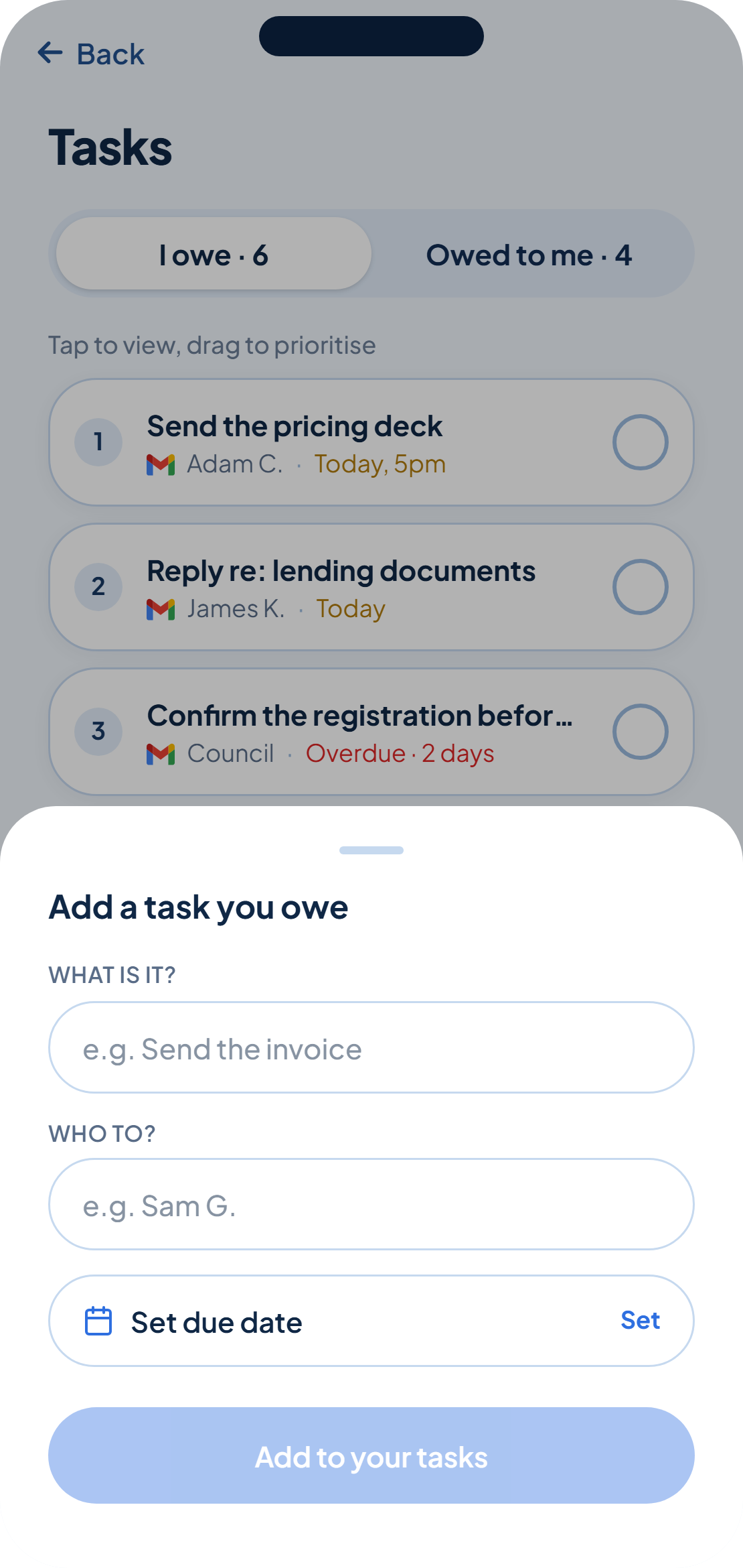 The add a task sheet with fields for what it is and who it is to